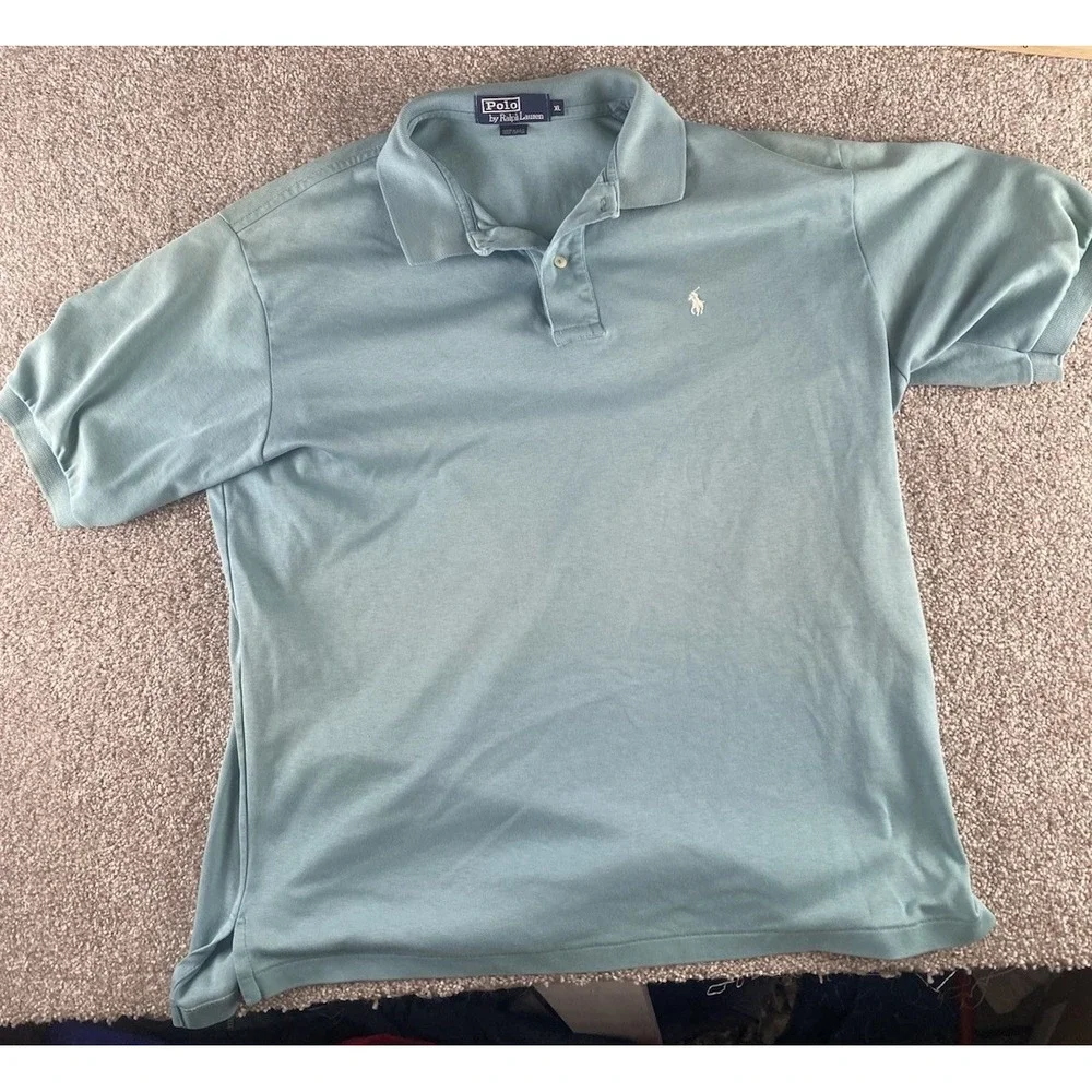 Polo Ralph Lauren Greenish Blue Polo Shirt Made In USA Mens XL White Pony Cotton